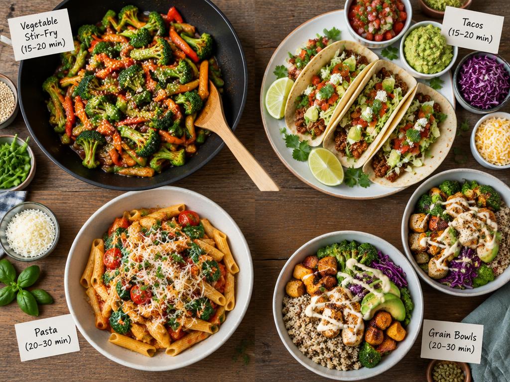 Grid collage of stir-fry, tacos, pasta and grain bowls.