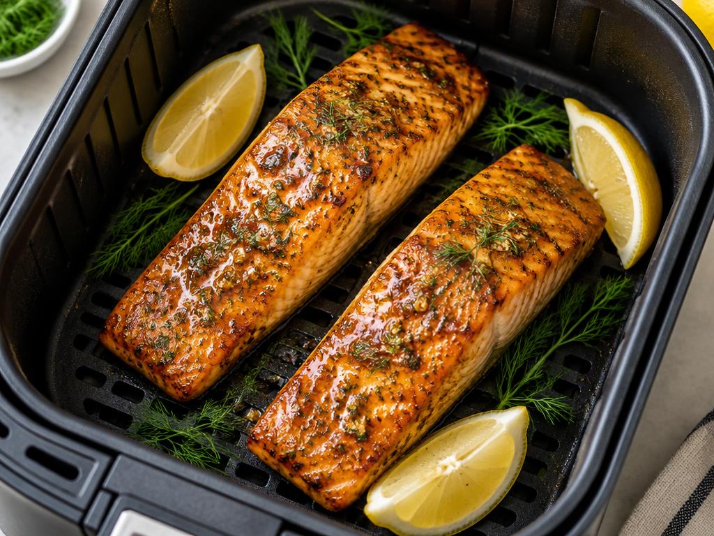 Glazed salmon fillets in an air fryer basket with lemon wedges.