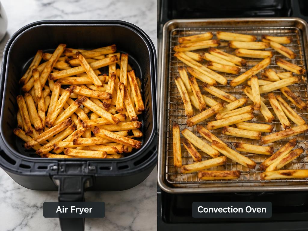 Side-by-side of fries in an air fryer basket and on an oven tray.