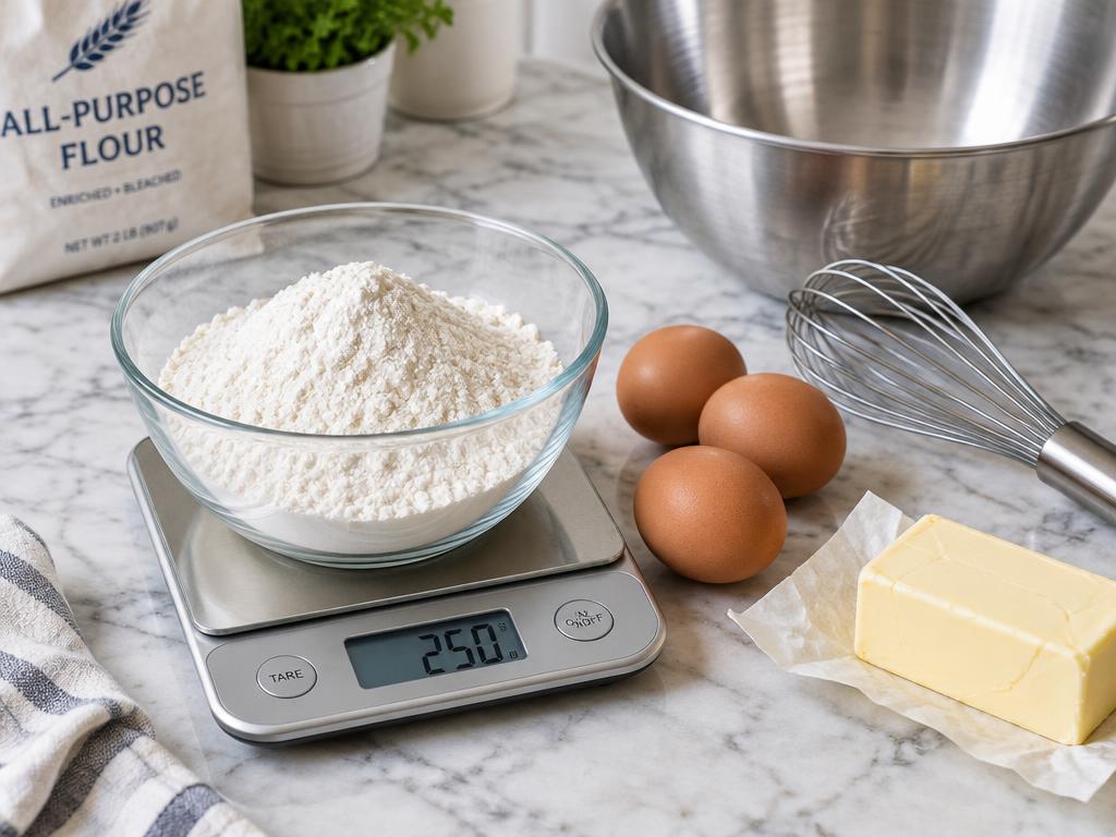 Digital scale with flour, eggs and butter beside a mixing bowl.
