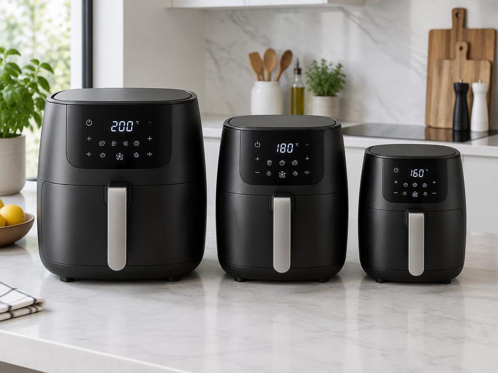 Three air fryers of different sizes on a kitchen counter.