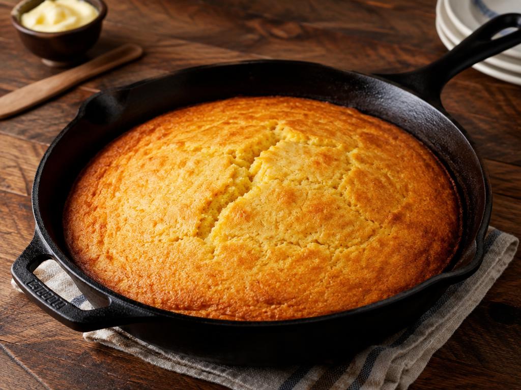 Well-seasoned 12-inch cast iron skillet with cornbread.