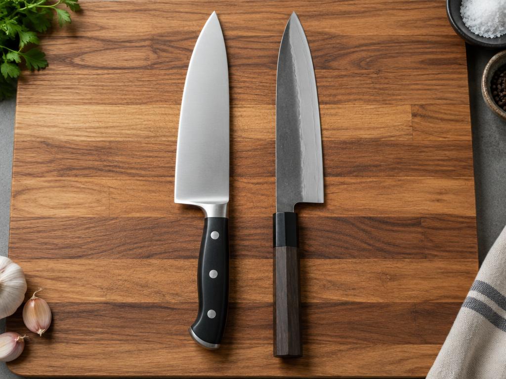 German and Japanese chef's knives side by side on a board.