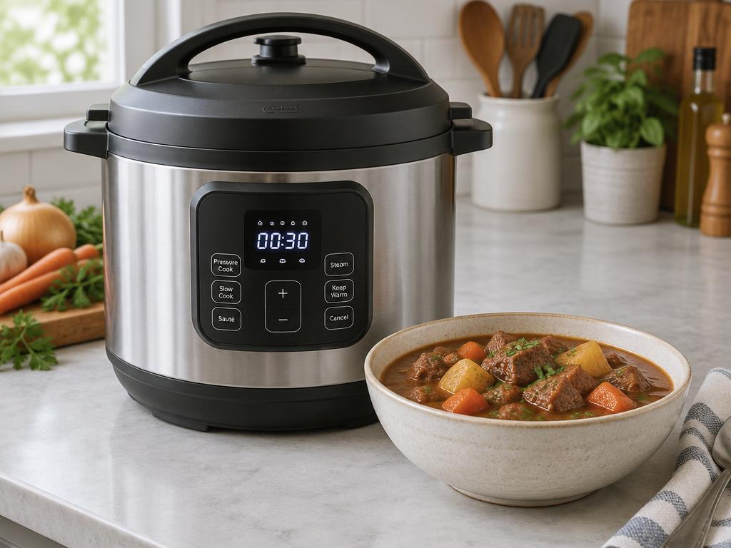 Electric pressure cooker with a bowl of beef stew beside it.