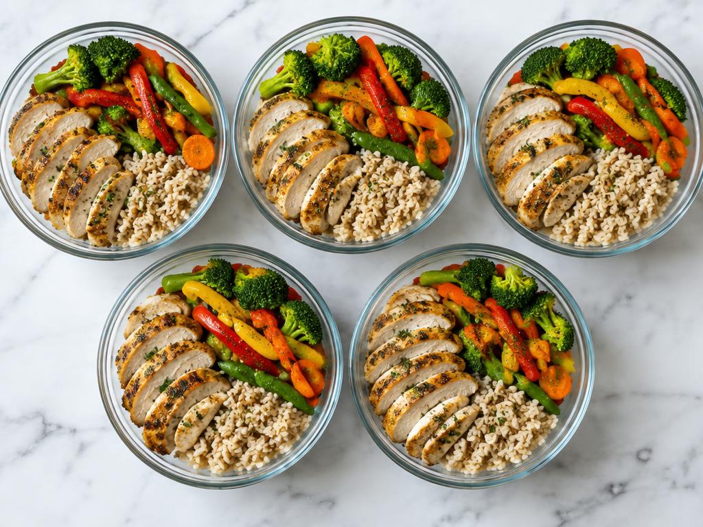 Five glass bowls of sliced chicken, brown rice and colorful vegetables.