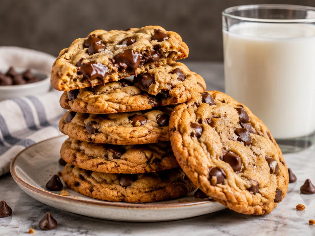 Stack of golden chocolate chip cookies with melty chocolate.