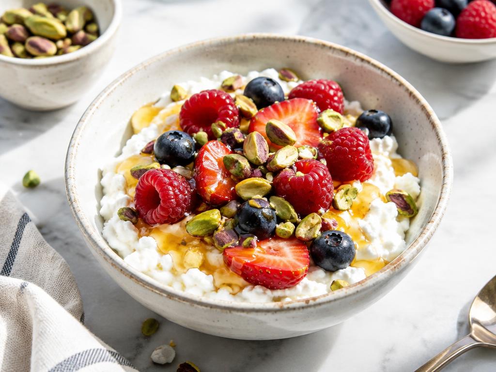 Bowl of whipped cottage cheese topped with honey, berries and pistachios.