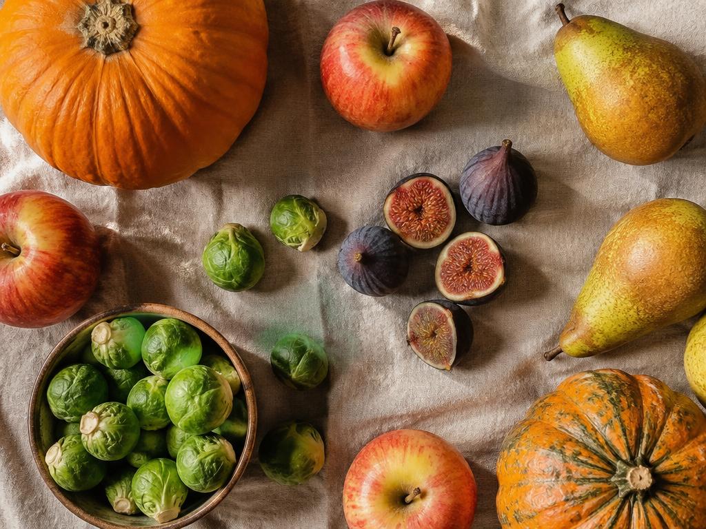 Flat-lay of autumn produce: pumpkins, apples, pears, figs and Brussels sprouts on linen.