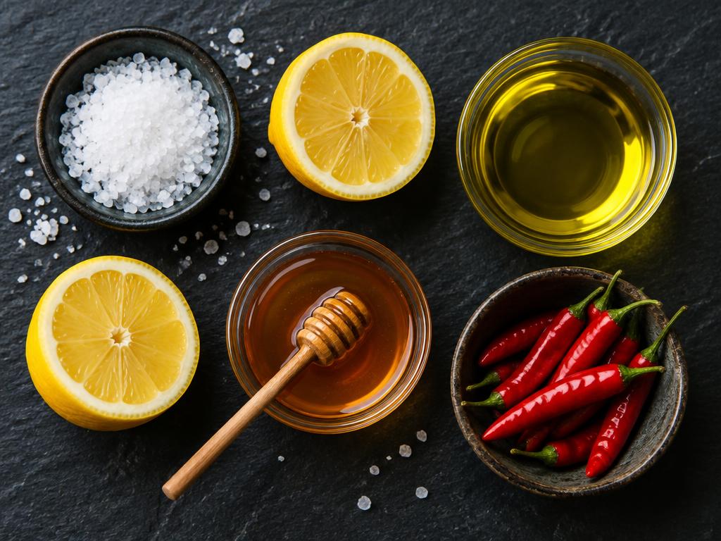 Small bowls of salt, lemons, olive oil, honey and chilies on slate.