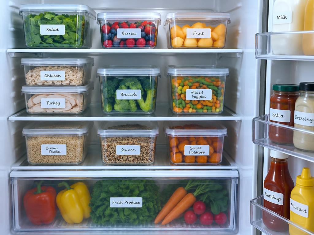Labeled containers neatly organized in a refrigerator.