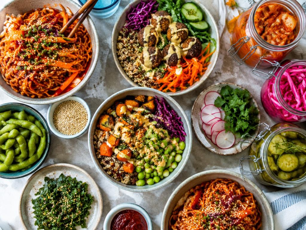 Colorful spread of global dishes: gochujang noodles, tahini bowls, fermented vegetables.