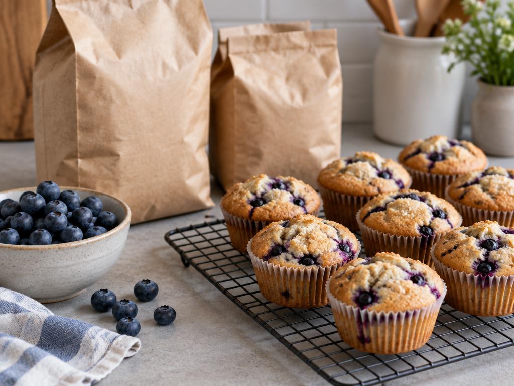 Gluten-free muffins cooling on a rack beside flour bags.