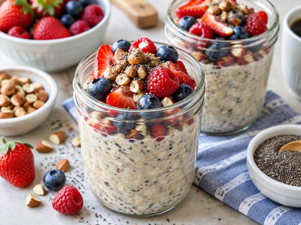Overnight oats jars topped with berries and nuts.