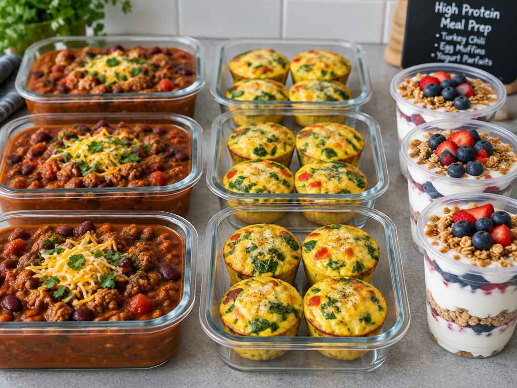 Containers of turkey chili, egg muffins and yogurt parfaits.
