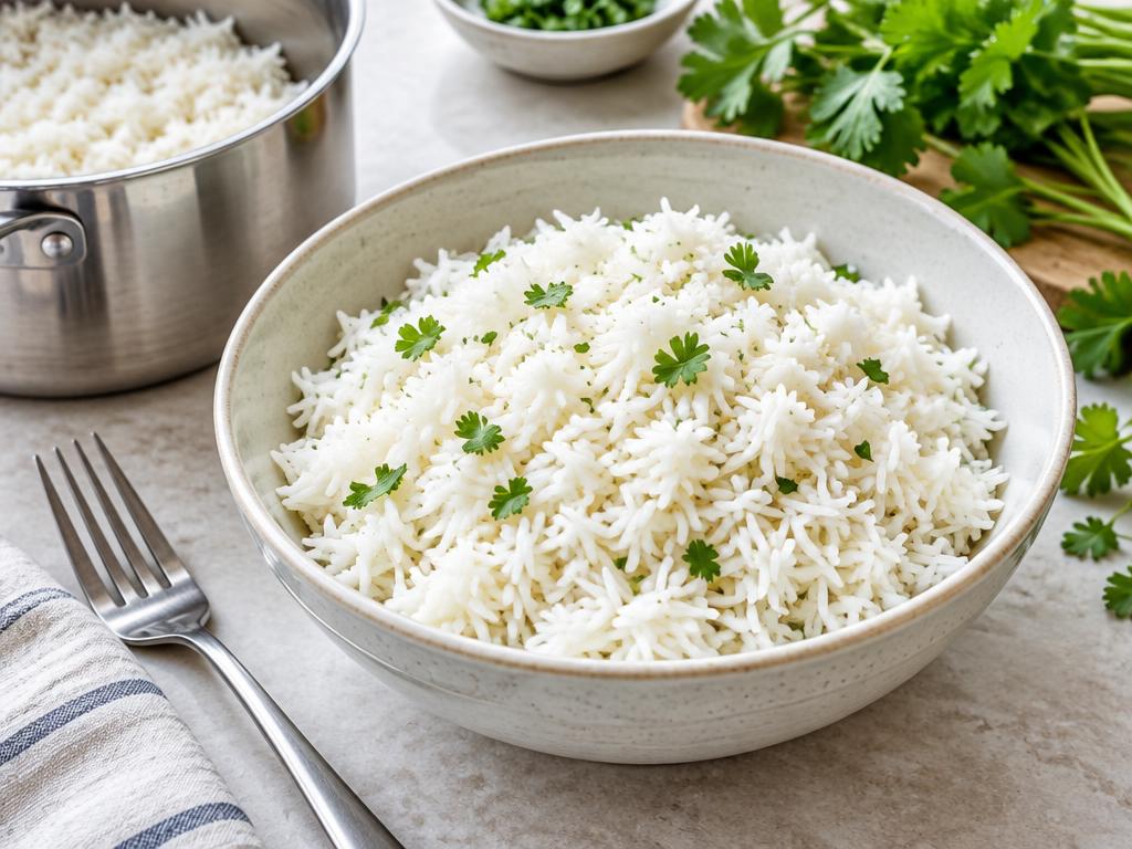 A bowl of separate long-grain white rice beside a stainless saucepan and fork.
