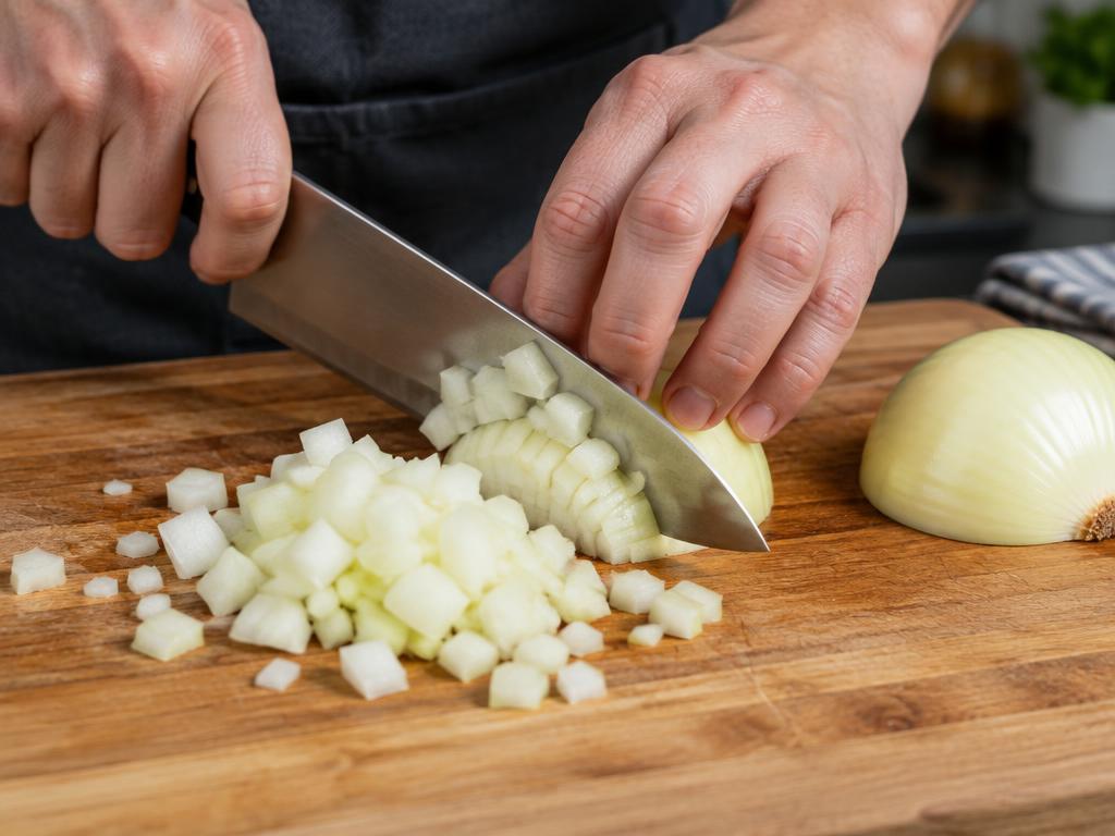 Hands dicing a halved onion on a wooden board with a chef's knife.