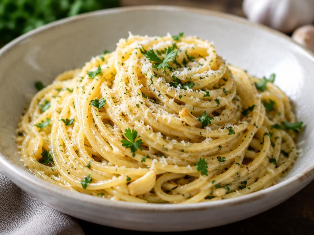 Twirl of glossy spaghetti with parsley and parmesan in a shallow bowl.