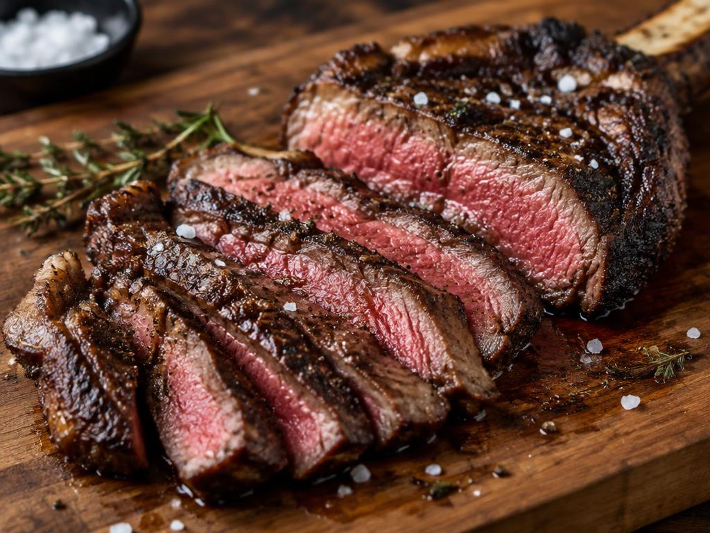 Sliced medium-rare ribeye with a dark crust on a cutting board.