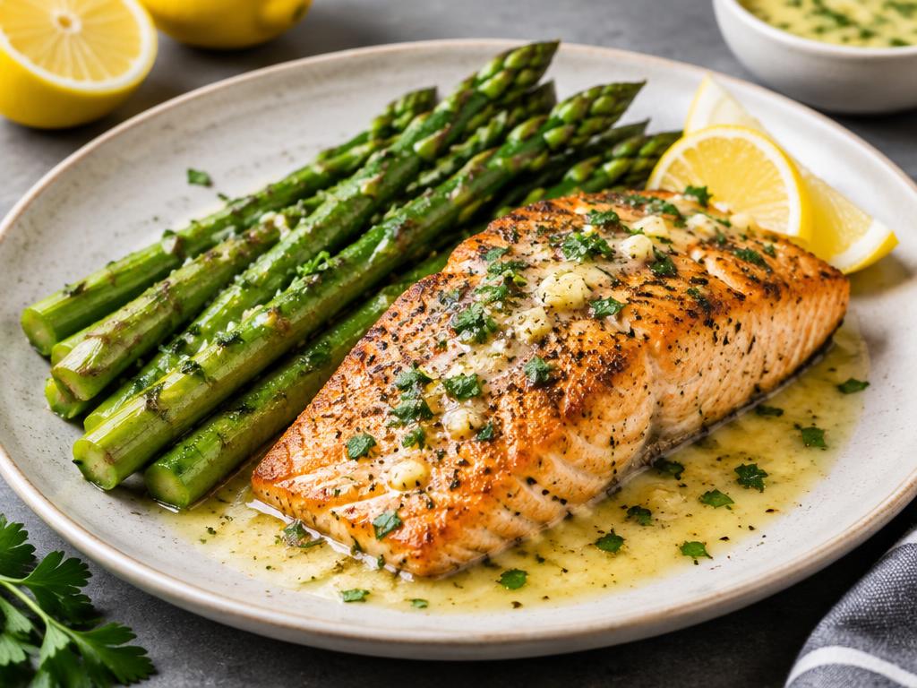 Plate of salmon with asparagus and lemon butter sauce.