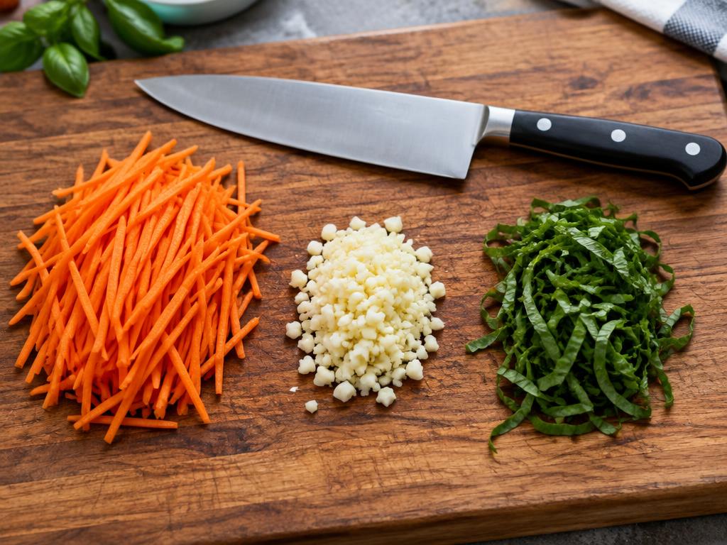 Chef's knife beside neat piles of julienned carrots, minced garlic and chiffonade basil.