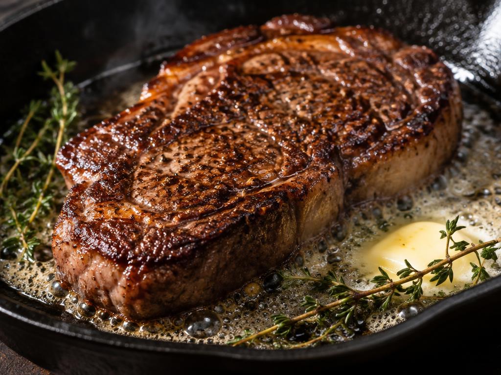 Close-up of a steak with a deep brown crust in a cast iron pan.