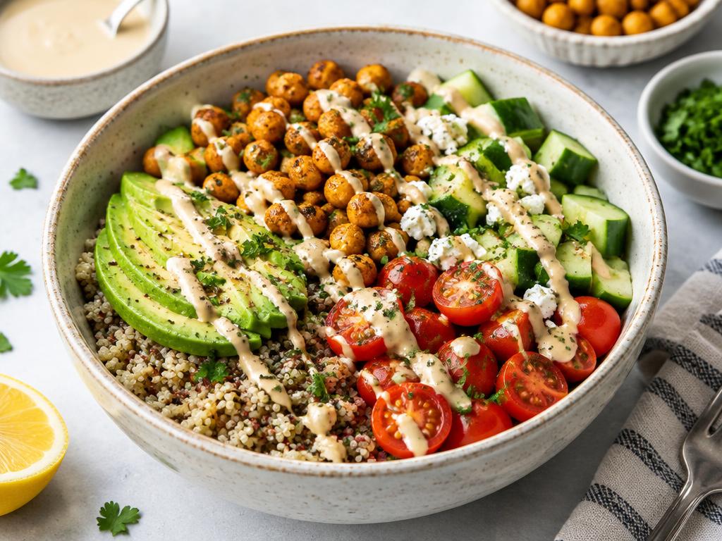 Quinoa bowl with chickpeas, avocado, tomatoes and tahini.