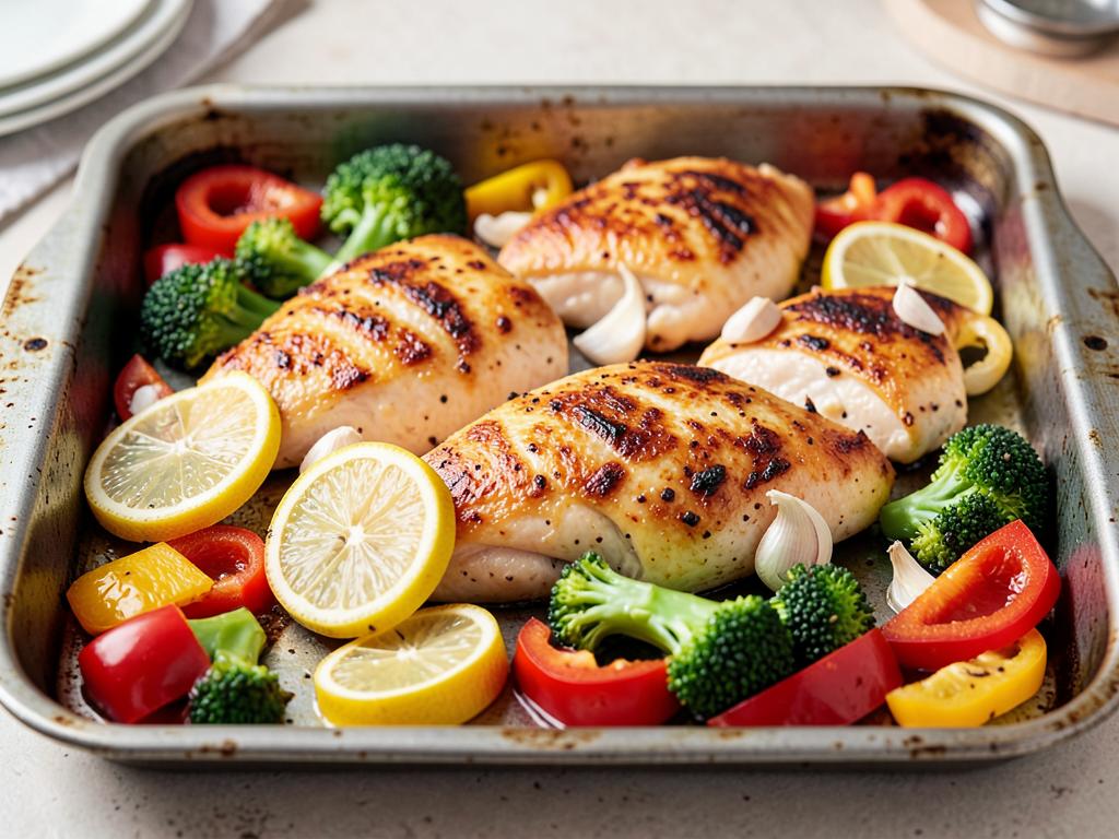 Sheet pan of golden chicken breasts, lemon slices, broccoli and peppers.