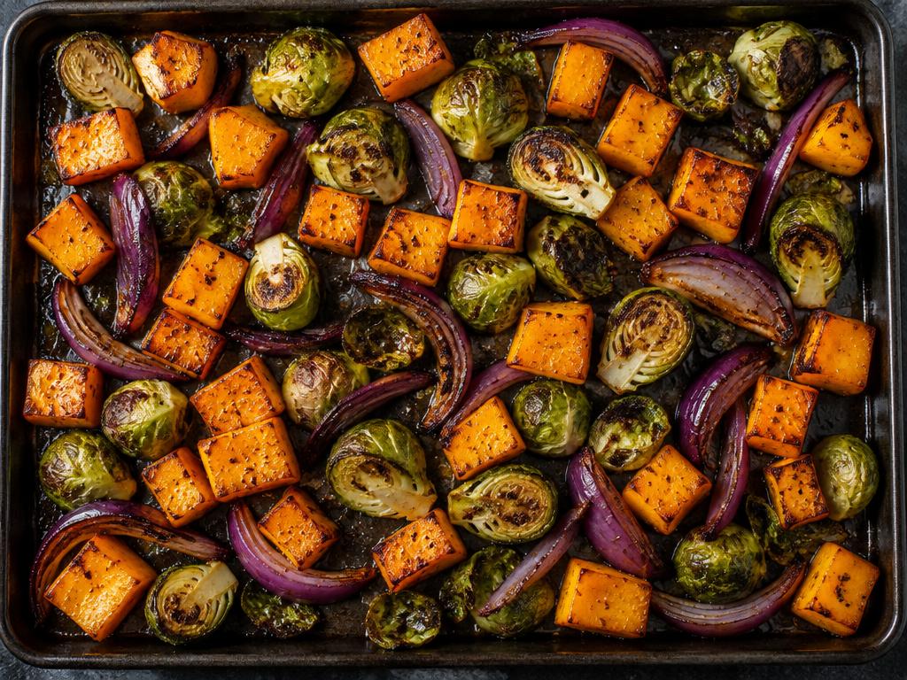 Overhead of caramelized squash, sprouts and onions on a dark sheet pan.