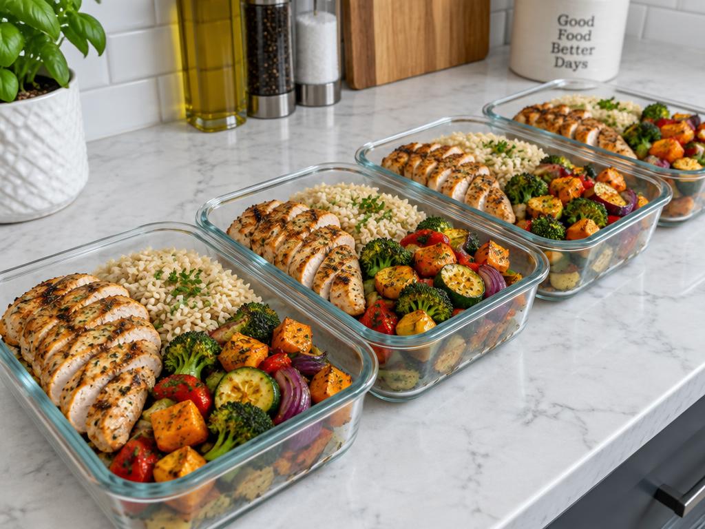 Row of glass containers with chicken, rice and roasted vegetables.