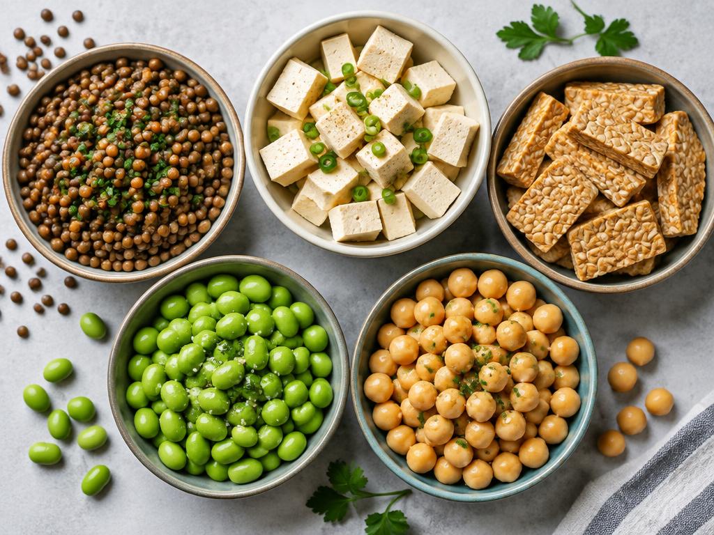 Bowls of lentils, tofu, tempeh, edamame and chickpeas.