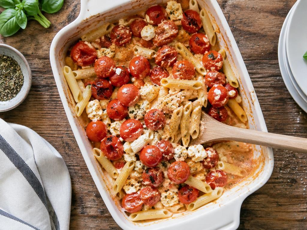 Overhead shot of a white baking dish of blistered cherry tomatoes and melted feta being stirred into pasta.