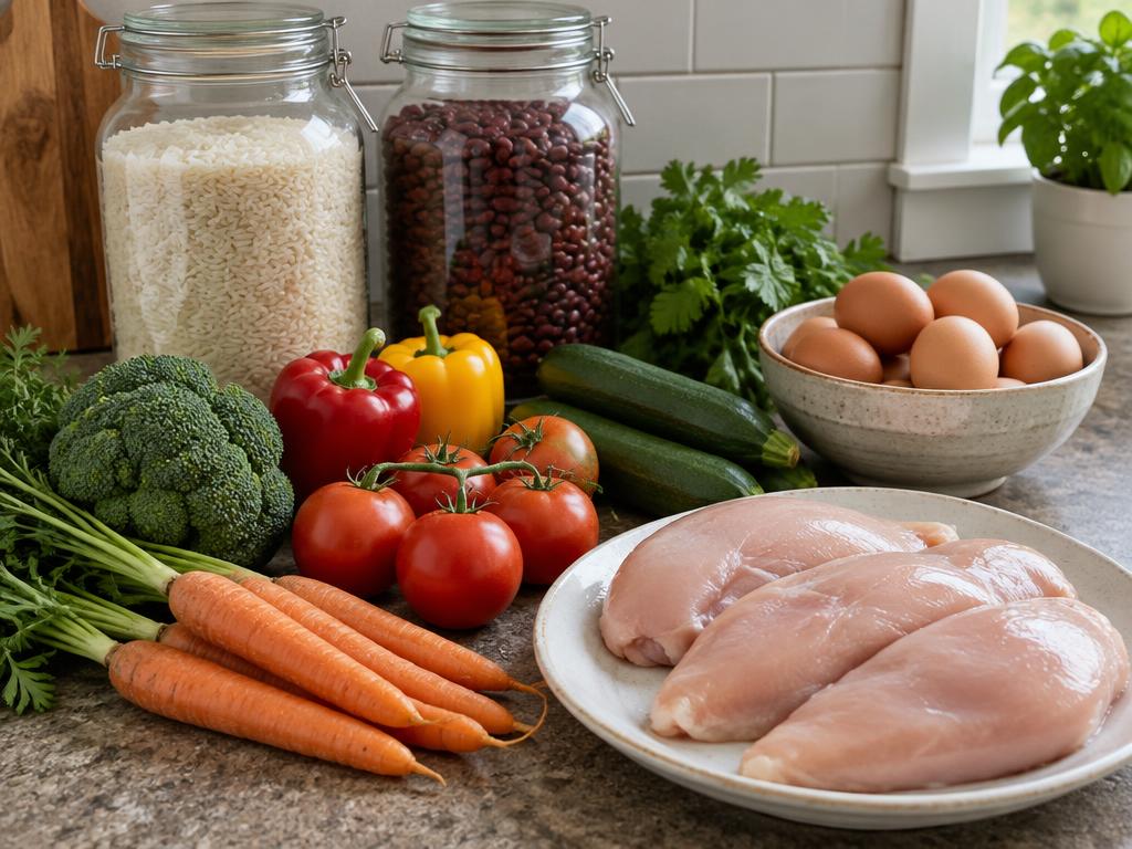 Grocery haul of rice, beans, eggs, vegetables and chicken on a counter.